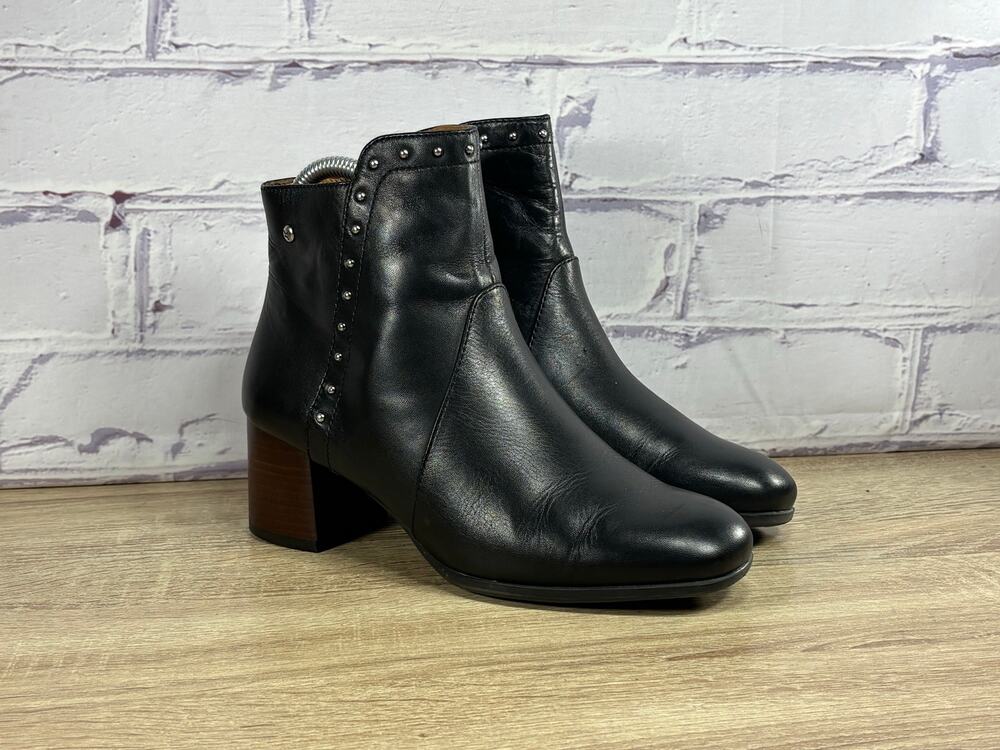 Pikolinos Bayona Black Leather Studded Heel Ankle Boots Women's 37 US 6.5-7 Zip
